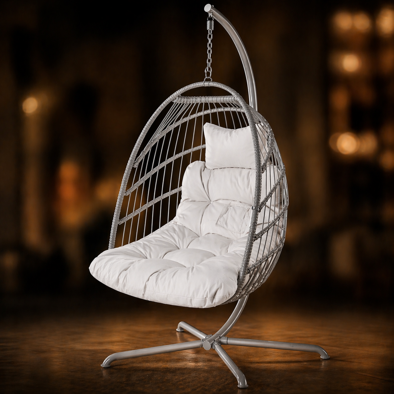 Swing Egg Chair With Stand Indoor And Outdoor Rattan Patio Basket Sling Chair With C-bracket, Patio Wicker Folding Sling Chair