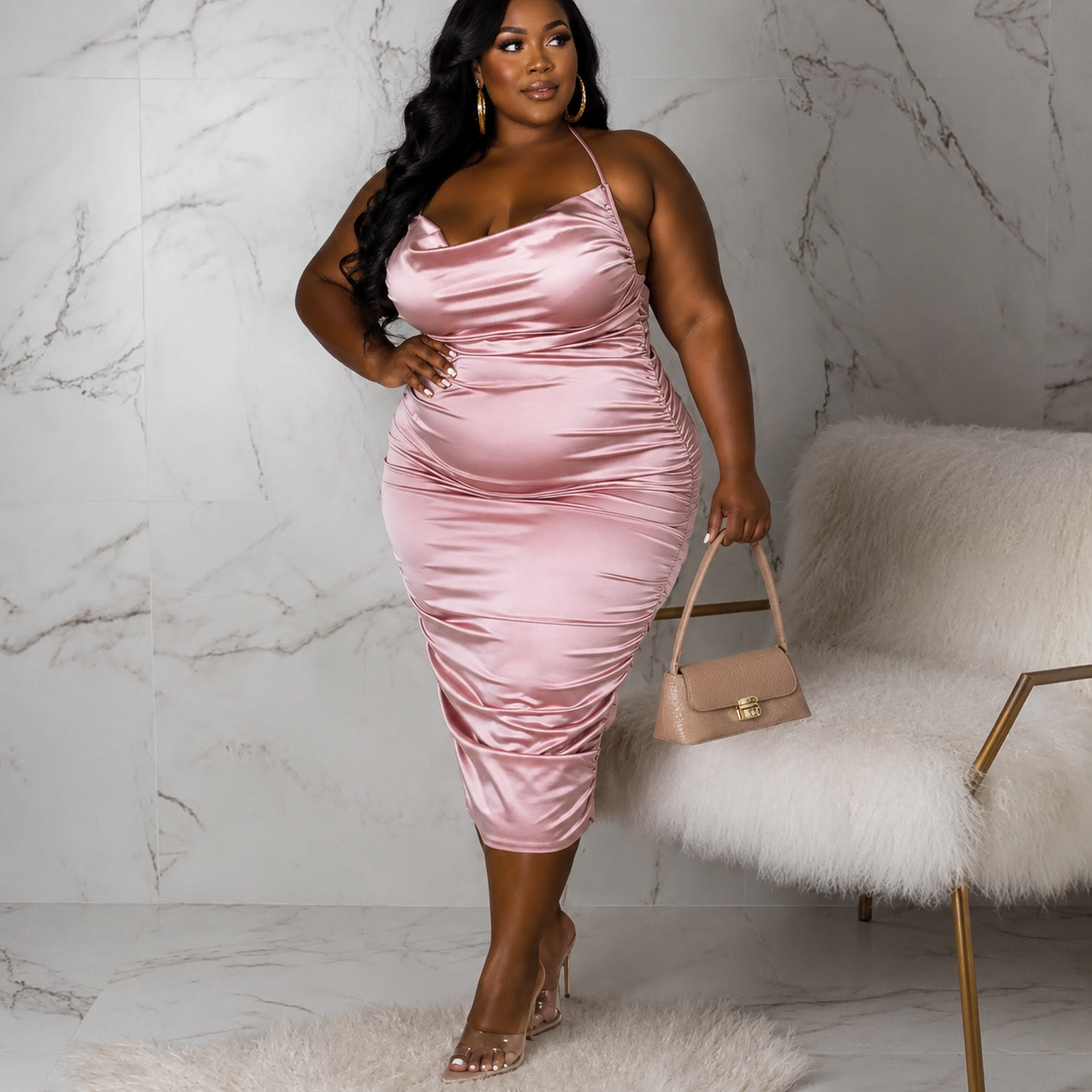 Sleeveless Draped Satin Midi Dress