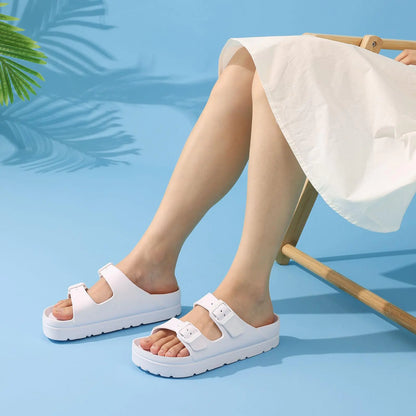 Women's Platform Sandals with Arch Support, Chunky Lightweight Foam Slip on Slides, Comfortable Summer Beach Sandals with Adjustable Buckle 6 White