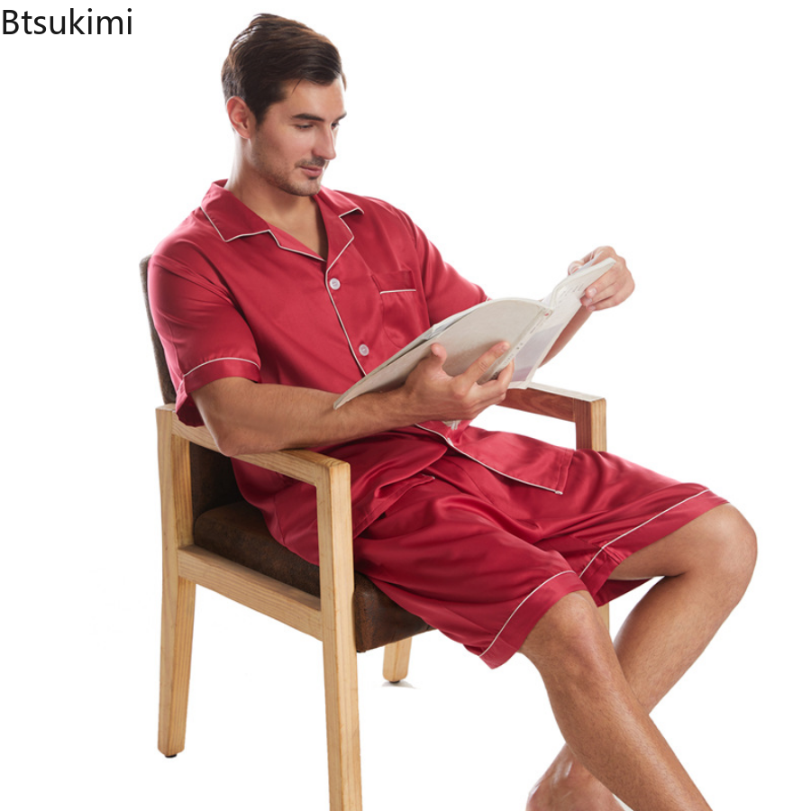 Men's Summer Silk Pajamas Set - Short Sleeve & Shorts
