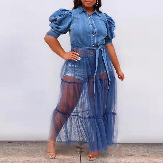 2024 Plus Size Women's Long Dress with Denim Panels
